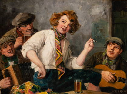 Richard Geiger: Austrian, 1870-1945 A Pub Scene Signed GEIGER. R (lr) Oil on canvas 23 3/4 x 31 3/4 inches (60.3 x 80.6 cm) (Frame dimensions: 30 1/2 x 38 1/2 inches) Not examined out of the frame. Some buckling