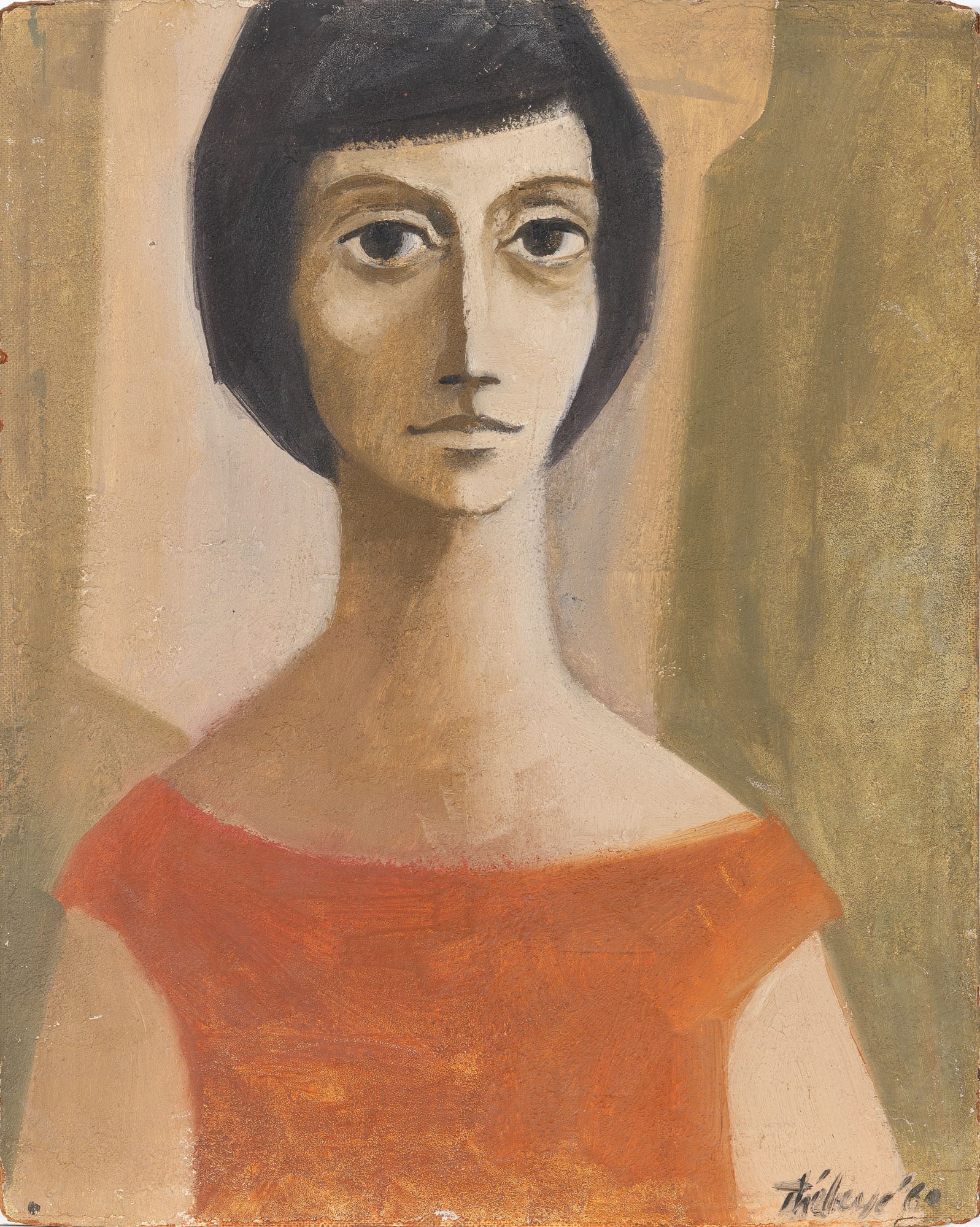 Claude Thèberge: Canadian, 1934-2008 Portrait of a Woman in an Orange Top, 1960 Signed Thèberge and dated 60 (lr) Oil and mixed media on Masonite 30 x 24 inches (76.2 x 61 cm) Unframed <