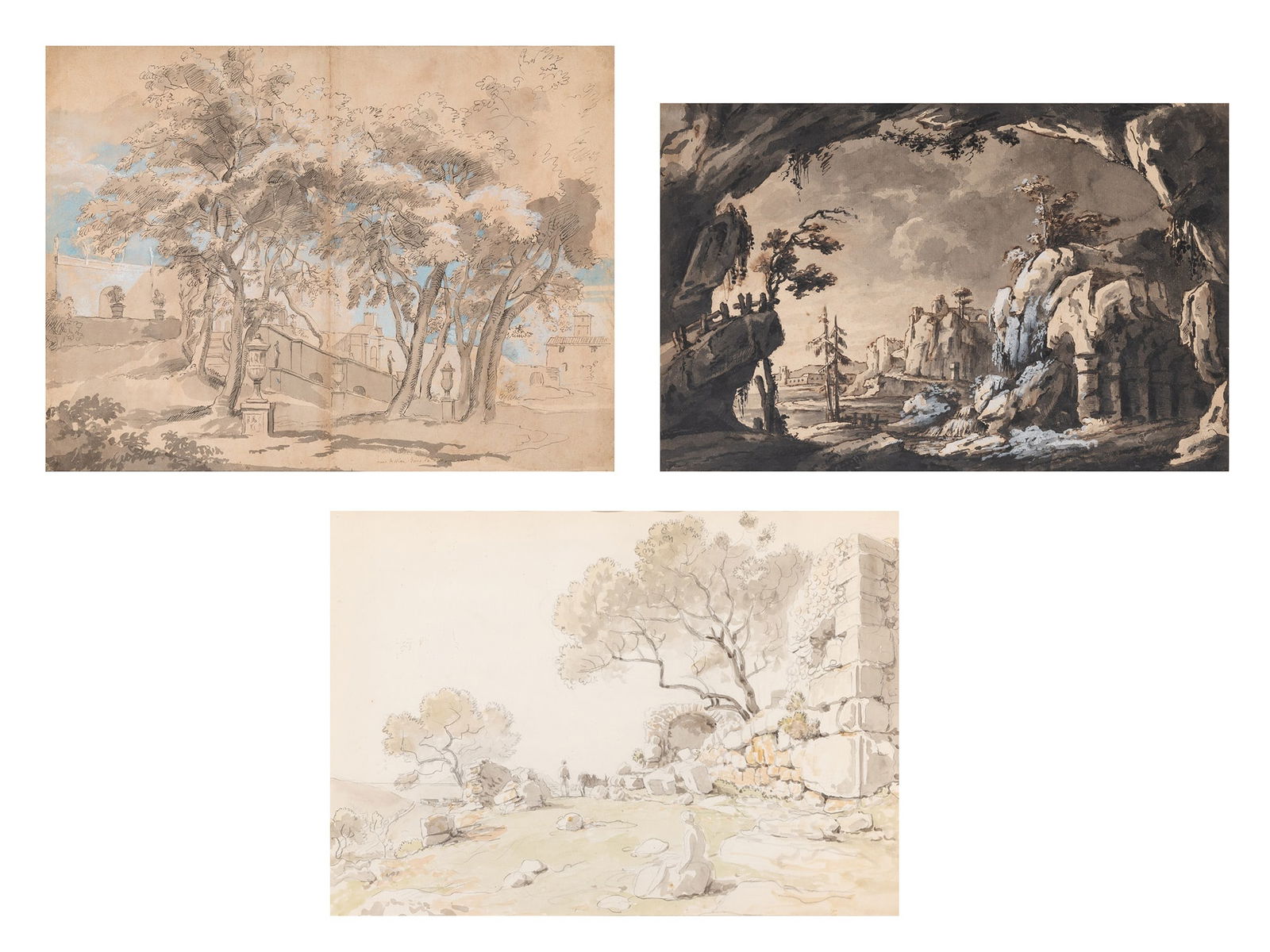 Continental School Group of Three Works on Paper: (i) In the manner of Salvator RosaLandscape with GrottoMonogrammed SR (lr)Ink and wash heightened with white on paper13 1/4 x 20 1/4 inches (33.7 x 51.4 cm) (ii) In the manner of Carlo Labruzzi