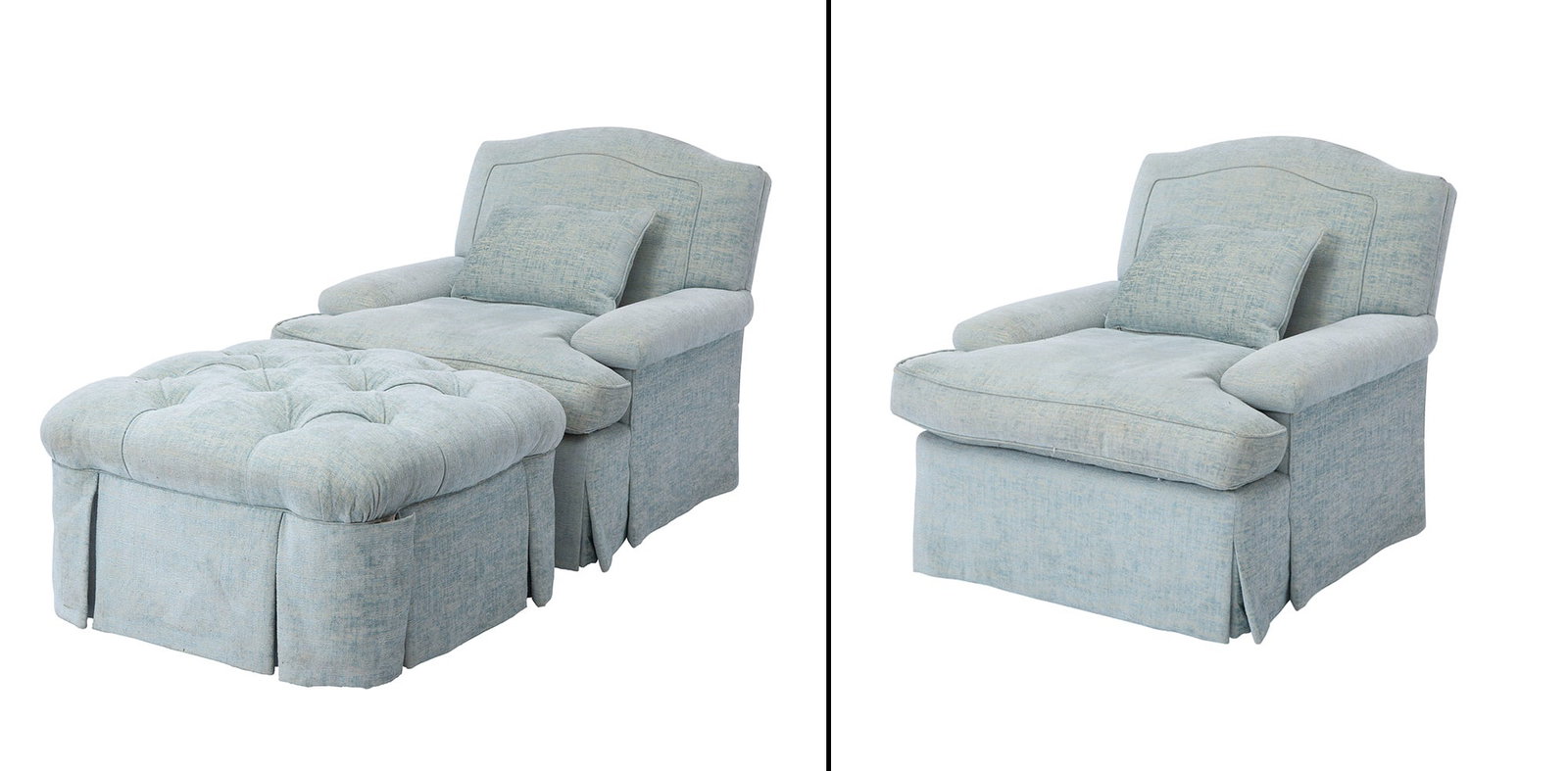 Pair of Upholstered Club Chairs and Ottoman: Height of chair 35 inches, width 35 1/2 inches, depth 43 inches, height of seat 19 inches; height of ottoman 18 1/2 inches, 33 inches, square. down cushions