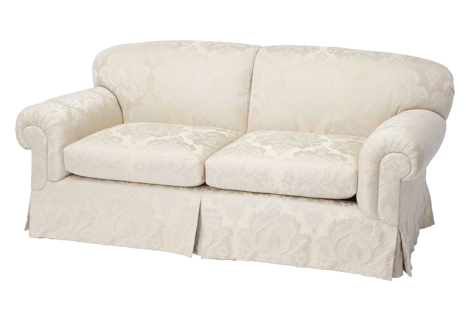 Upholstered Damask Sofa: Height 32 inches, width 6 feet, depth of seat 21 1/2 inches, height of seat 18 1/2 inches.
