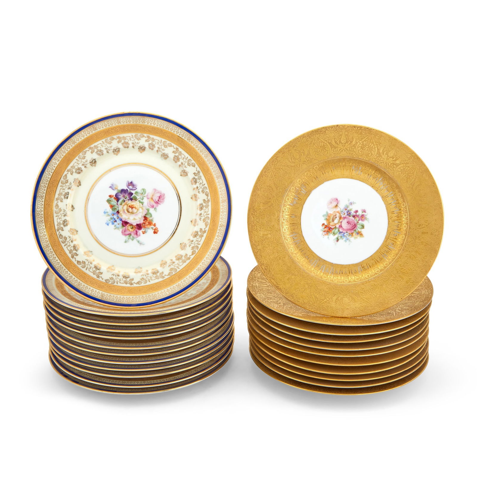 Group of Twelve Bohemia Peerless Dinner Plates Together with Eleven Czechoslovakian Gilt and Floral: Diameter of Bohemia plates 10 7/8 inches; diameter of other plates 10 3/4 inches.