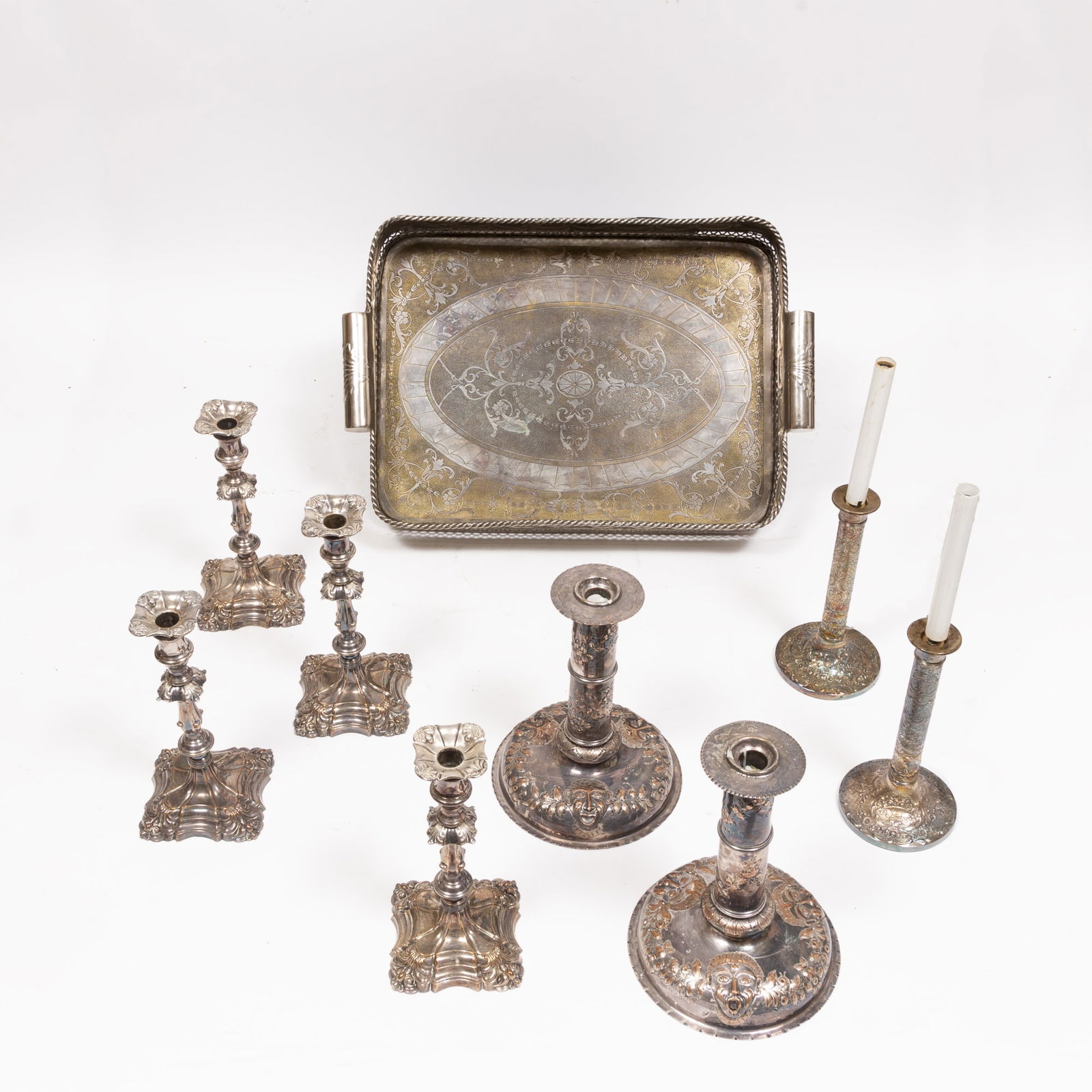 Silver Plated Two-Handled Gallery Tray and Four Pairs of Silver Plated Candlesticks (1 of 11)