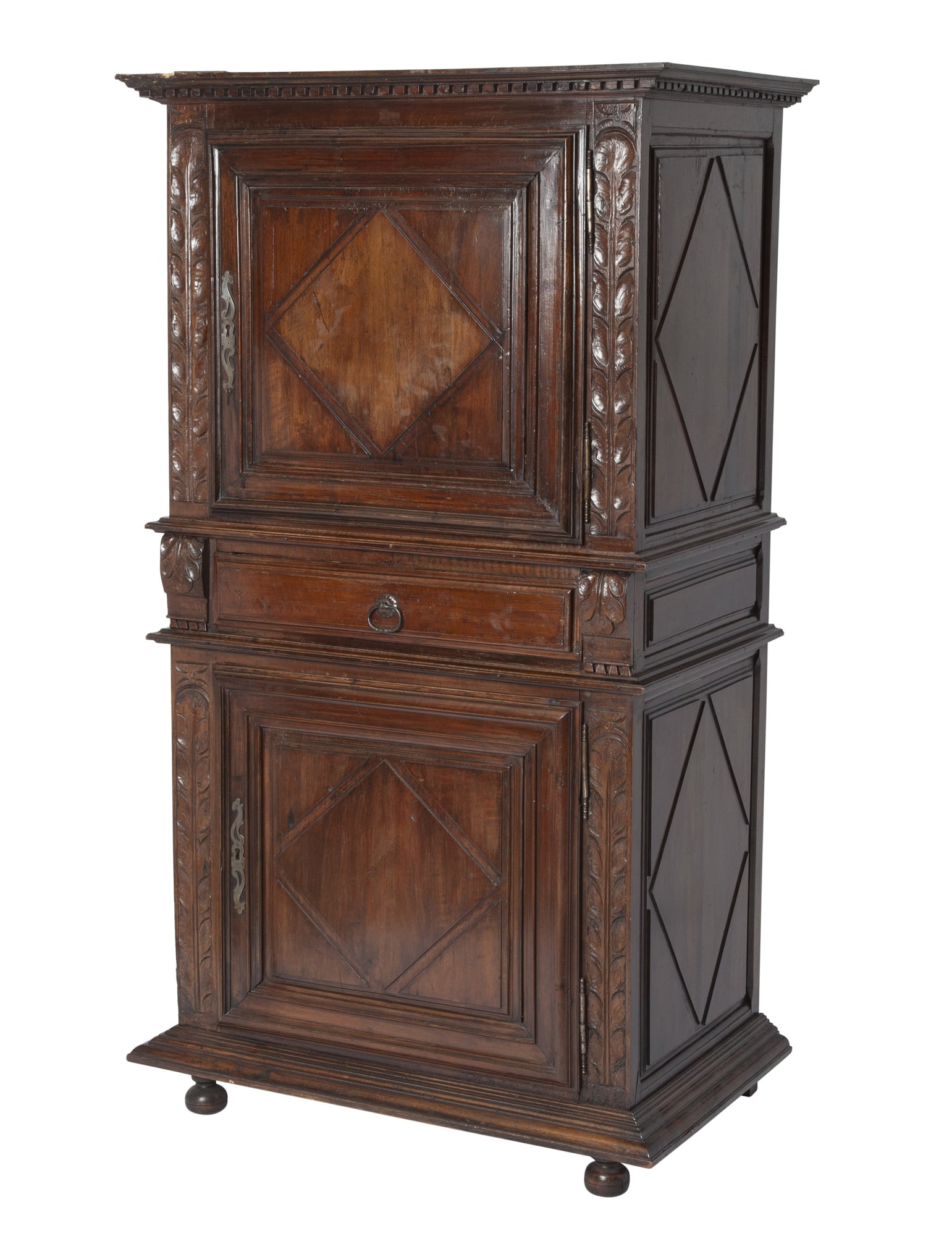 Louis XIII Style Walnut Cabinet: Height 69 1/2 inches, width 38 1/2 inches, depth 24 1/2 inches. partially composed of older elements