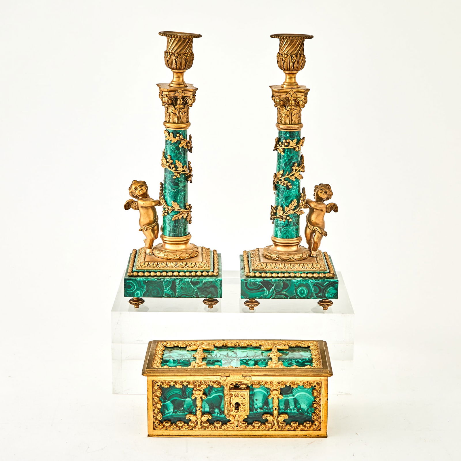 Pair of Louis XVI Style Gilt-Metal Mounted Malachite Candlesticks Together with a Gilt-Metal Mounted (1 of 4)
