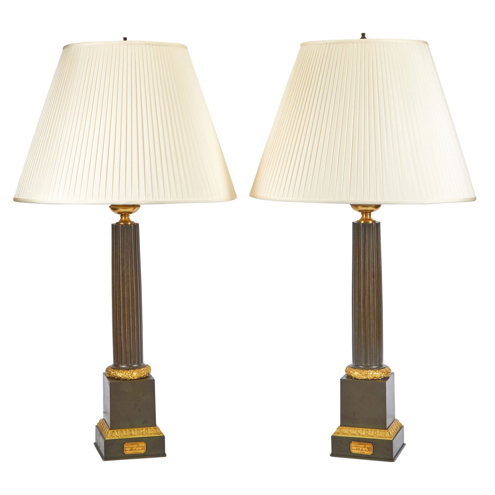Pair of French Neoclassical Gilt and Patinated Bronze Column Lamps Carcel, Paris (1 of 3)