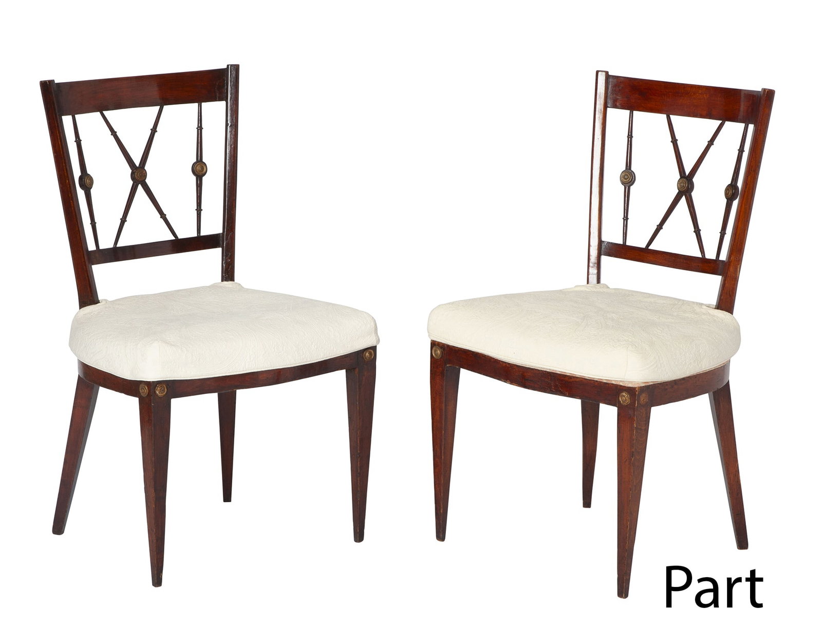 Set of Four Parcel Gilt Mahogany Side Chairs: Height 35 inches, width 21 inches, depth of seat 17 1/2 inches, height of seat 17 1/2 inches.