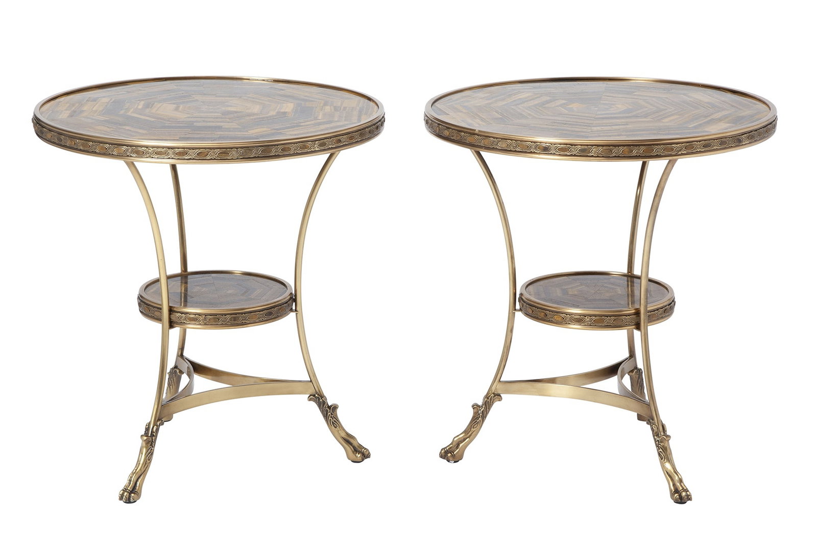 Pair of Tiger-Eye Semi-Precious Stone and Bronze Round Tables: Height 27 inches, diameter 25 inches. some cabachons with minor losses or not fitting sitting flush