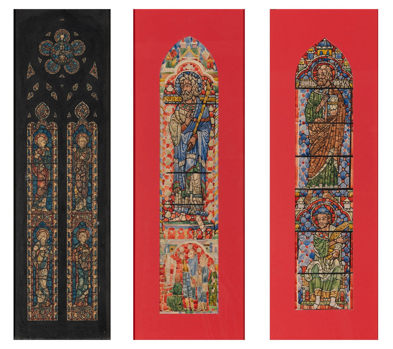Two Watercolor on Paper Designs for Ecclesiastical Stained Glass Figural Windows Attributed to The: Each of arched form, one example depicting St. James standing above another figure, the other example depicting St. Philip standing above a group of other figures, each framed, sight height of taller 