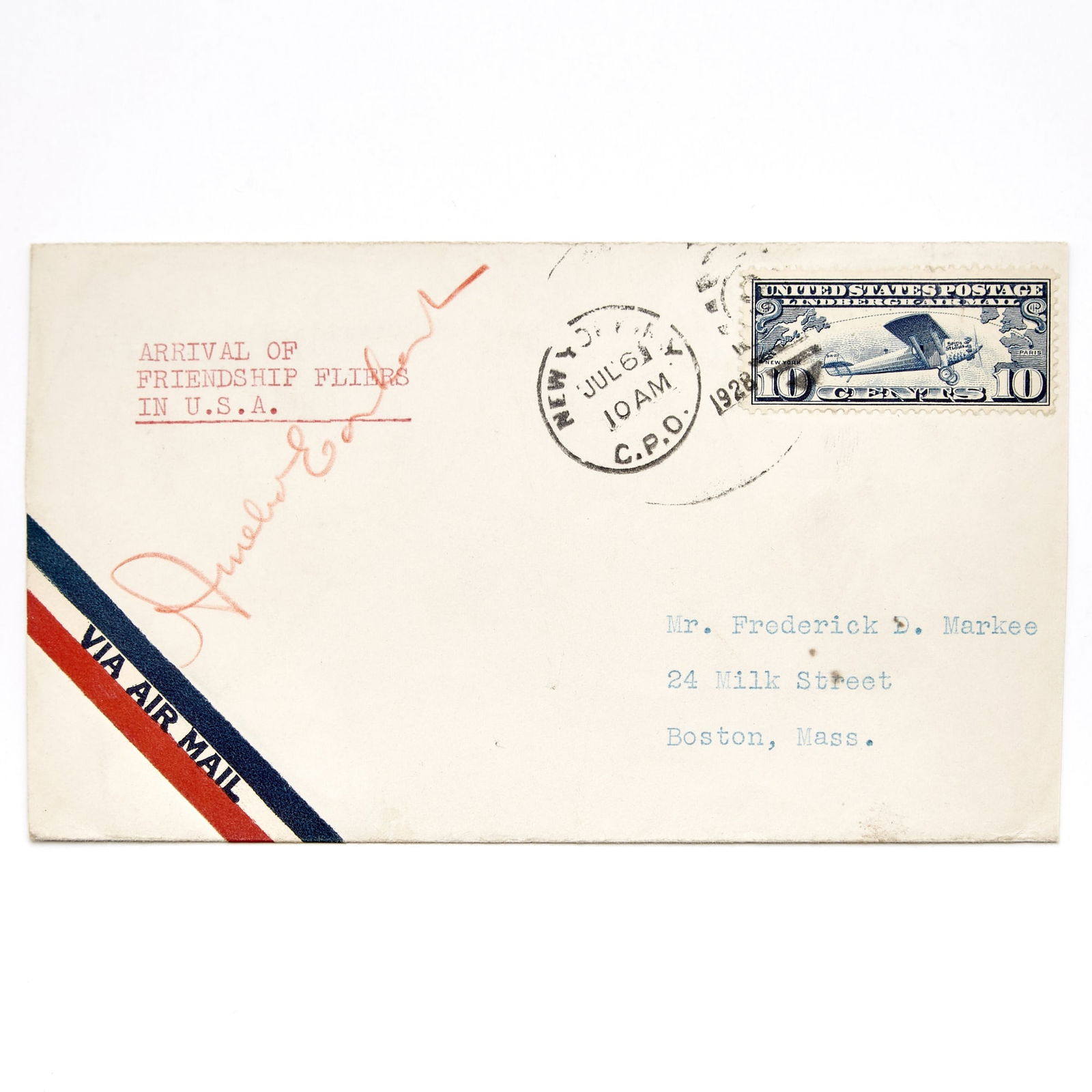 Amelia Earhart Autographed Flown Cover: Attractive flown cover bearing strong Amelia Earhart signature in red crayon, flown from New York, tying Lindbergh C10 with New York Jul 6, 10 am C.P.O cancel, red typed Zeppelin cachet at top left, b