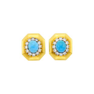 Andrew Clunn Pair of Gold, Turquoise and Diamond Earclips: 18 kt., 2 oval cabochon turquoise ap. 9.7 x 8.3 x 7.0 mm., 24 round diamonds ap. 1.90 cts., signed A. Clunn, ap. 13.6 dwts. Turquoise: bright vivid turquoise blue, lighter and darker greenish