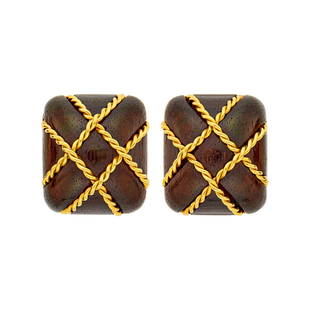 Seaman Schepps Pair of Gold and Wood 'Cage' Earclips: 18 kt., 2 cushion-shaped domed wood ap. 30.0 x 25.6 mm., signed Seaman Schepps, with maker's mark. Clip-backs. 1 3/16 x 1 inches.