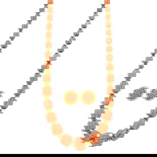 Gold and Carved Coral Bead Necklace and Pair of Earclips: 18 kt., 36 barrel-shaped coral beads of melon motif ap. 28.0 x 17.6 mm. to 10.3 x 9.8 mm., small single-cut diamonds, 2 circular fluted domed coral ap. 18.2 mm. Length 28 inches. With extra coral and