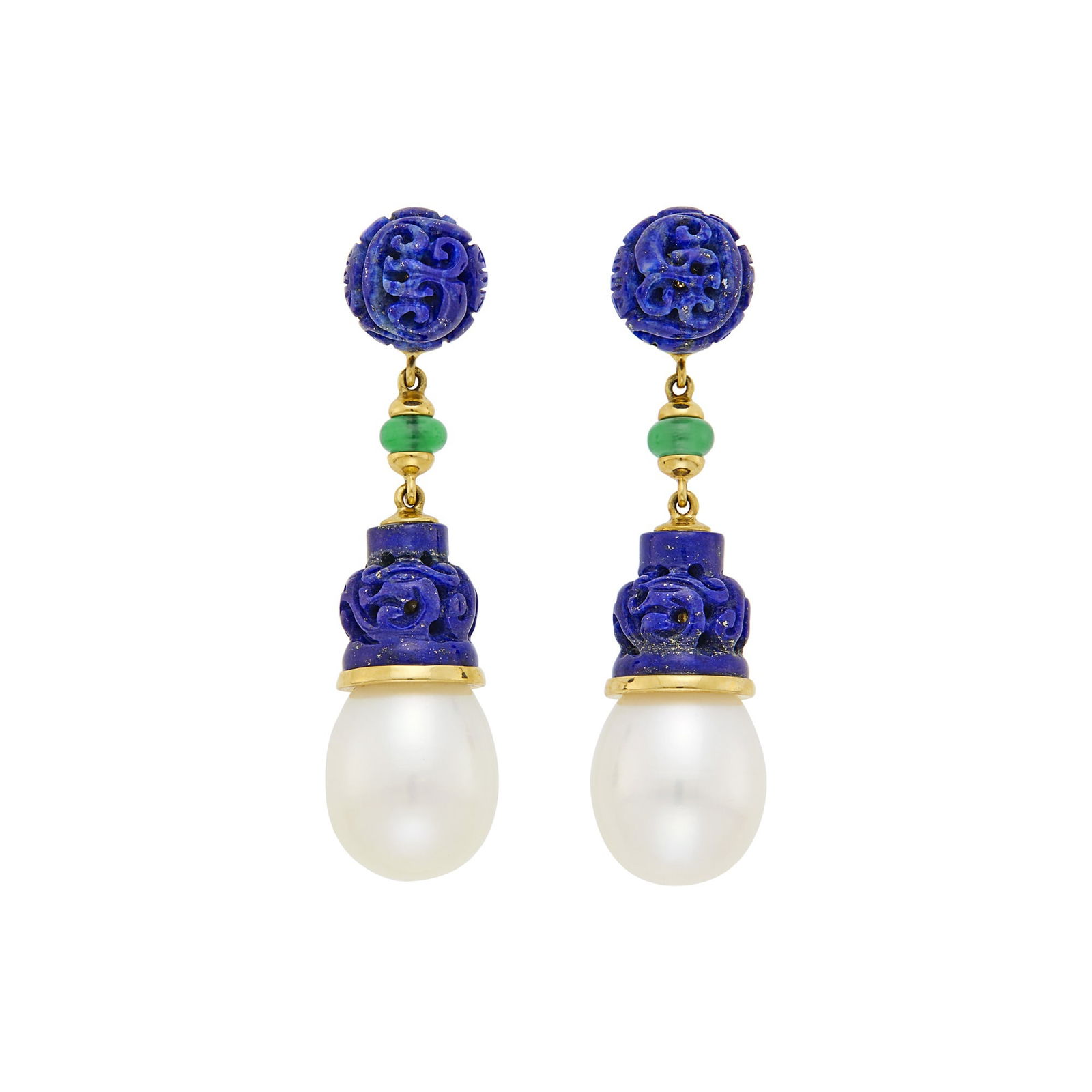 Seaman Schepps Pair of Gold, Carved Lapis, South Sea Cultured Pearl and Green Onyx Bead 'Canton' (1 of 2)