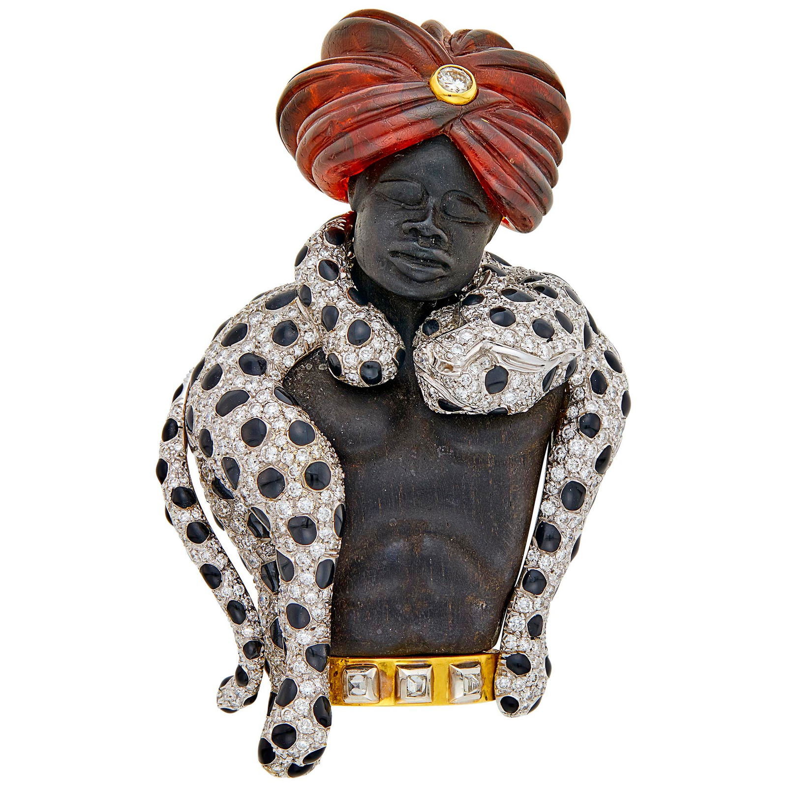 Two-Color Gold, Carved Ebony and Amber, Black Enamel and Diamond Leopard King Clip-Brooch (1 of 2)