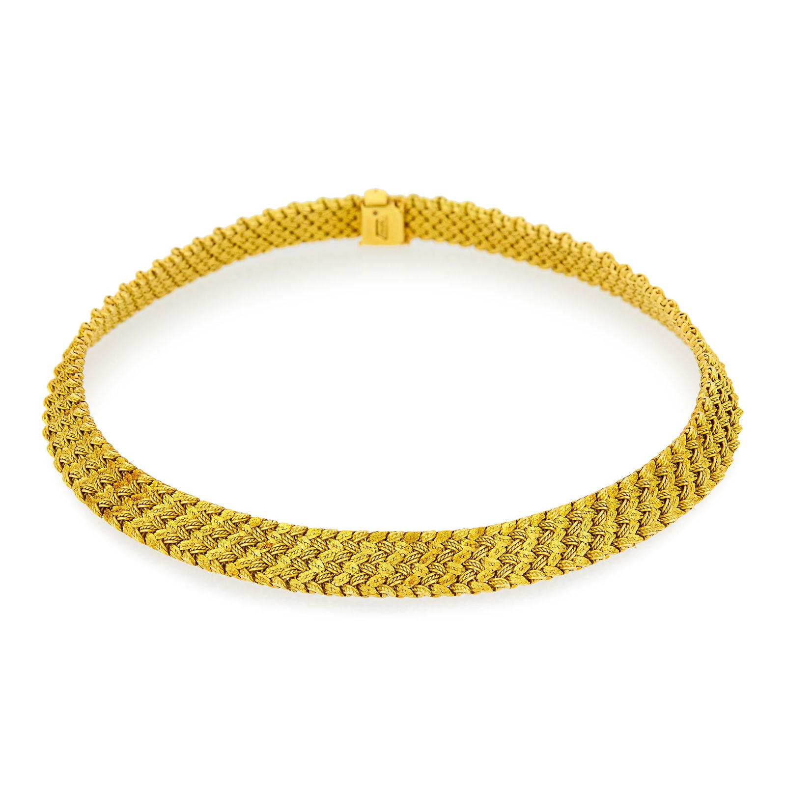 Mellerio Gold Mesh Necklace, France: 18 kt., flattened textured braided links and braided polished links, signed Mellerio, no. 1360 3H, with French assay mark, ap. 50.8 dwts. Length 15 1/4 inches. Well-made. Width 7/16 inch