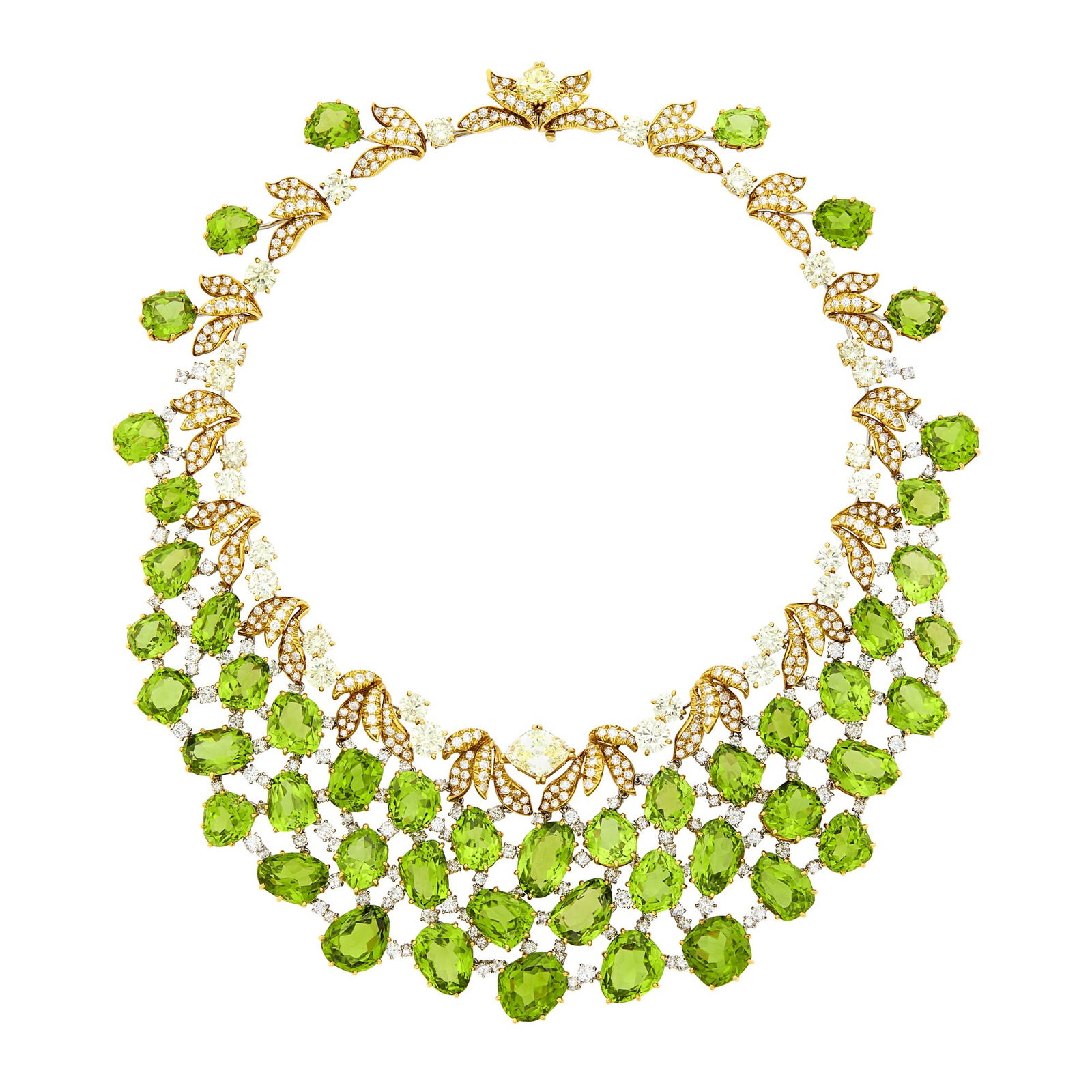 Julius Cohen Gold, Platinum, Peridot, Colored Diamond and Diamond Bib Necklace: 48 flexibly-set modified oval, cushion and pear-shaped peridots ap. 220.00 cts., one modified cushion trapezoid-shaped light yellow diamond weighing 2.77 cts., one modified pear-shaped light yellow di
