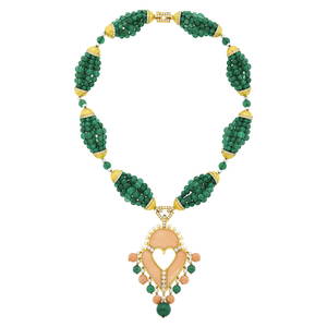 Cartier Multistrand Chrysoprase Bead, Gold, Angel Skin Coral, Diamond and Cultured Pearl