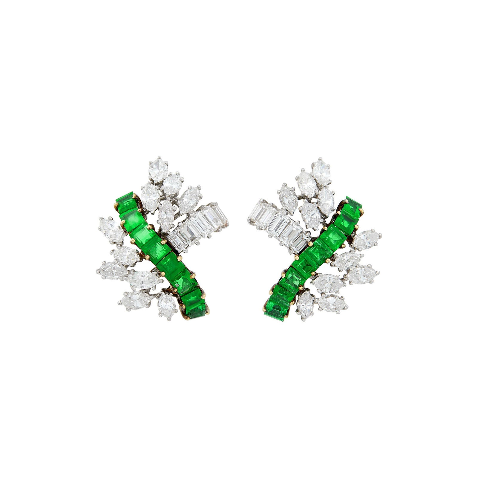 Pair of Platinum, Gold, Emerald and Diamond Earclips (1 of 2)
