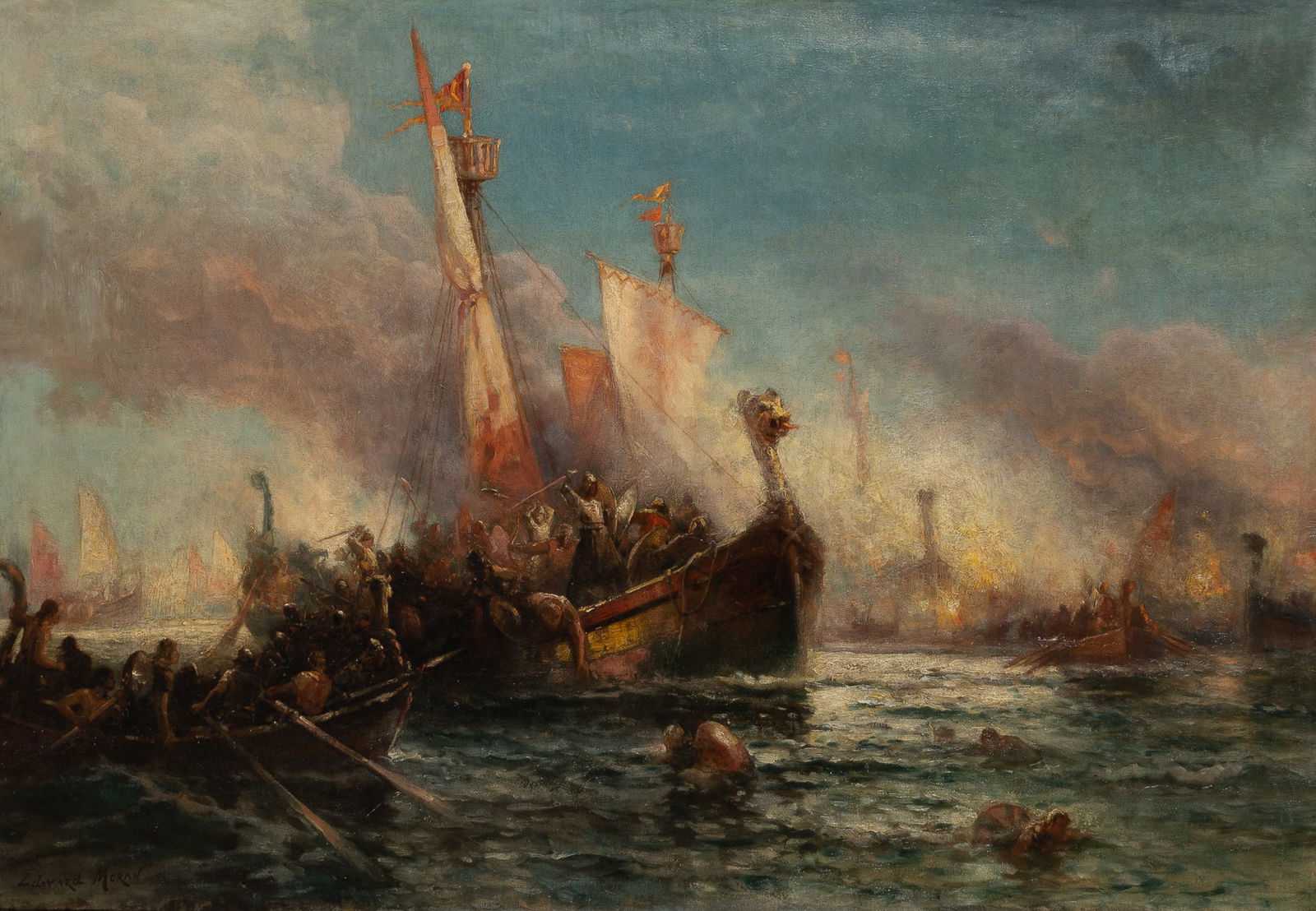 Edward Moran: American 1828-1901Naval Battle SceneSigned Edward Moran (ll)Oil on canvas25 x 36 inches Surface soiling; a few touches of inpainting in the lower left; craquelur