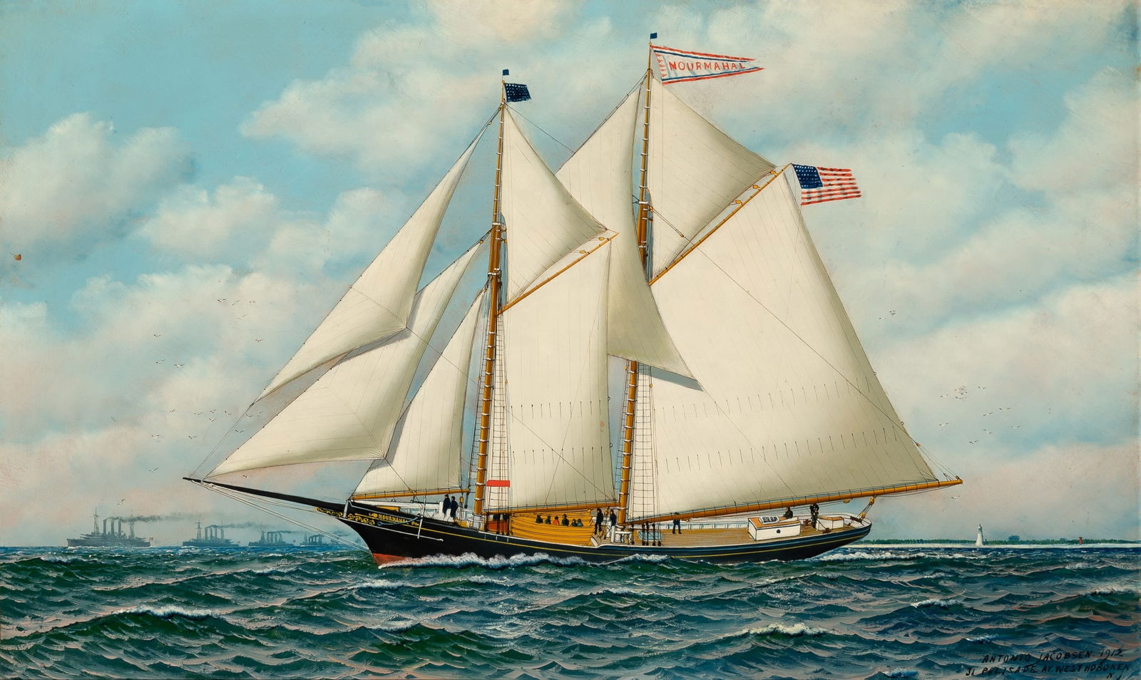 Antonio Nicolo Gasparo Jacobsen: Danish/American, 1850-1921NOURMAHAL, 1912Signed Antonio Jacobsen, dated 1912, and inscribed 31 Palisade Av. West Hoboken, N. J (lr)Oil on board22 x 35 3/4 inches Literature:Harol