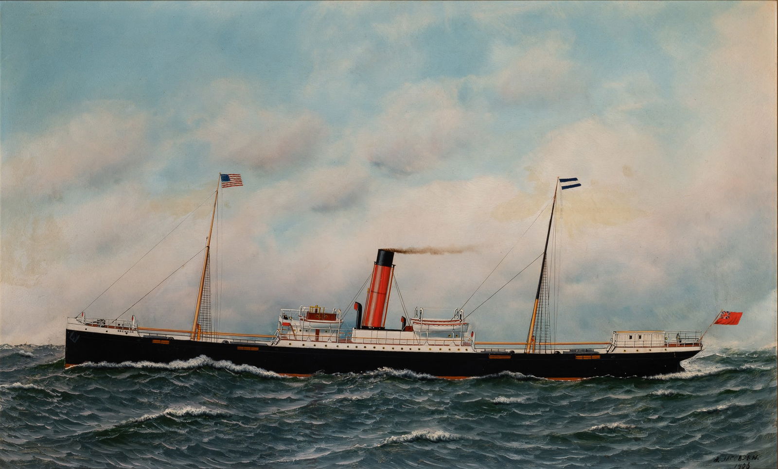 Antonio Nicolo Gasparo Jacobsen: Danish/American 1850-1921The Steamship GRENADA, 1906Signed A. Jacobsen and 1906 (lr)Oil on board22 x 35 3/4 inches Provenance:Private collection, NY Literature:Harold S. Sniff