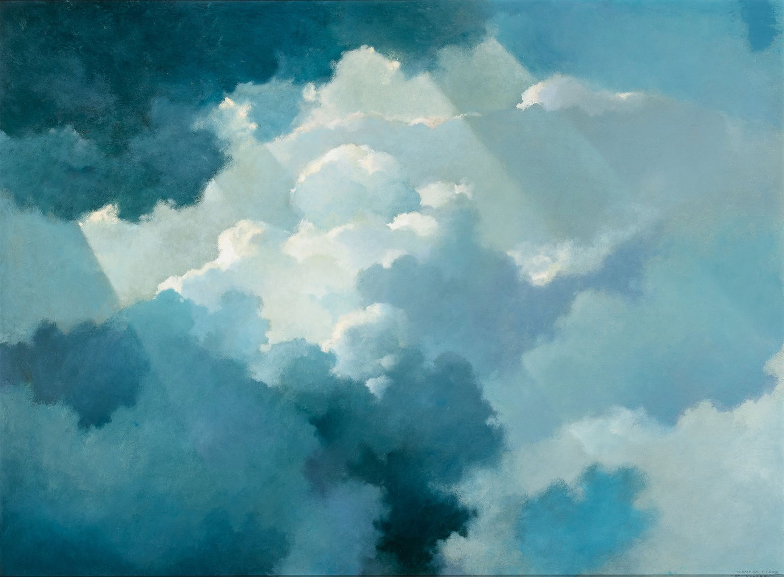 Eric Sloane Clouds: American, 1905-1985Cumulus FieldsSigned EJH Sloane and inscribed as titled (lr); signed Eric Sloane and inscribed Cornwall Bridge / Conn on the reverseOil on Masonite34 3/4 x 47 inches