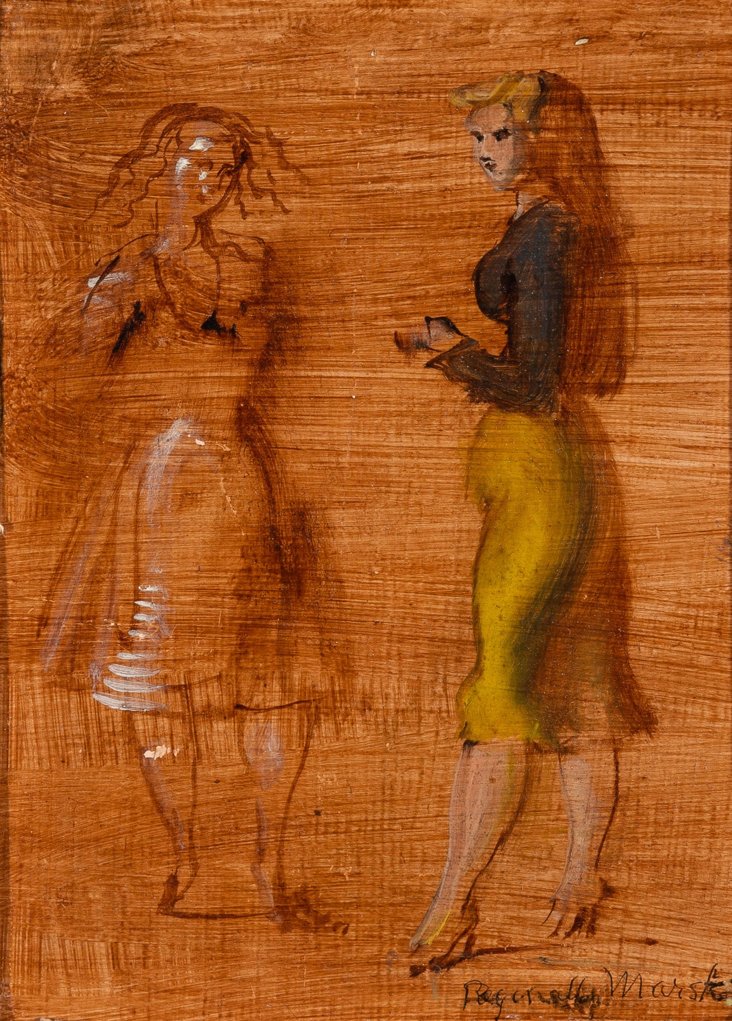 Reginald Marsh: American, 1898-1954Two Women, 1951Signed Reginald Marsh and 51 (lr)Oil on Masonite7 x 5 inches Provenance:Doyle, New York, May, 21, 2003, lot 146
