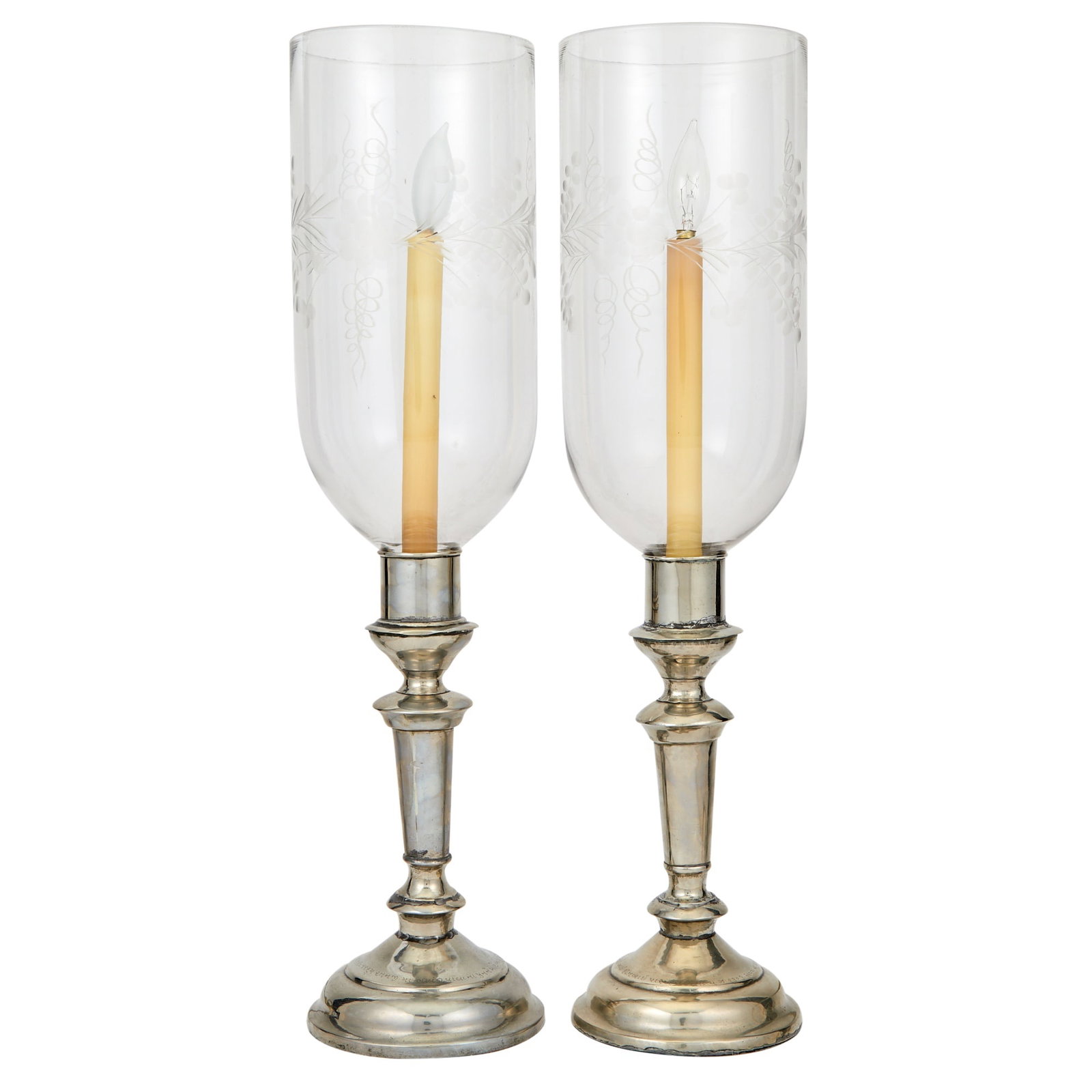 Silvered Hurricane Lamps: With etched colorless glass globes. Height 23 3/4 inches.