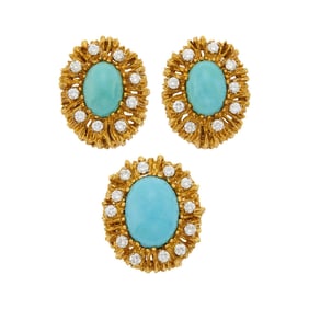 Pair of Gold, Turquoise and Diamond Earclips and Ring