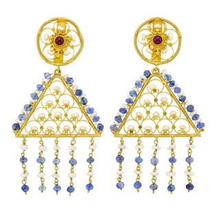 Ilias Lalaounis Pair of Gold, Sapphire Bead, Cabochon Ruby and Freshwater Pearl Fringe: 18 kt., sapphire beads ap. 3.8 to 3.6 mm., freshwater pearls, 2 round cabochon rubies, signed Greece, with maker's mark, no. A.8, clip-backs with hallmarks, ap. 22.3 dwts. Sapphires: me