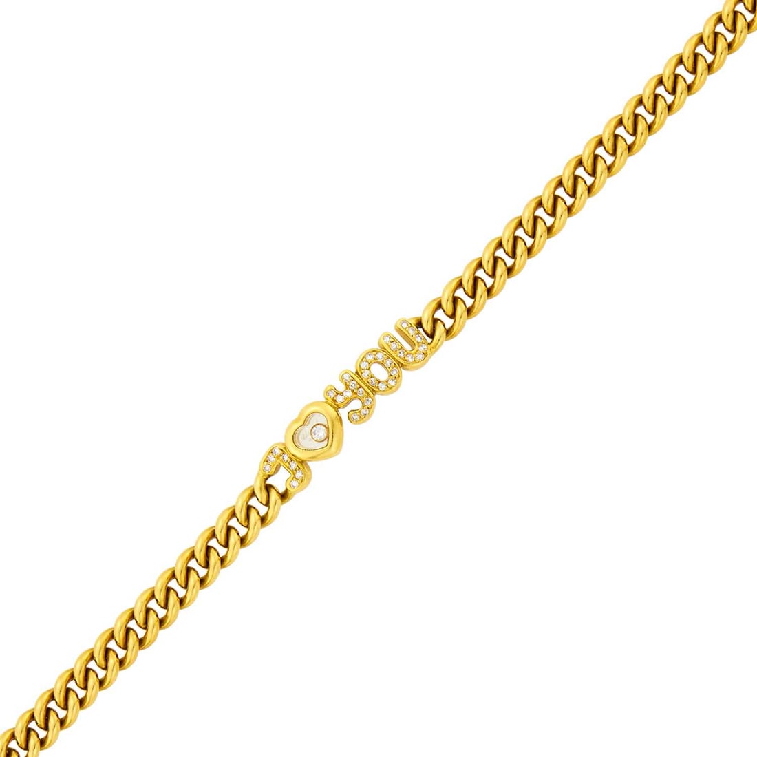 Chopard Gold and Diamond 'Happy Diamonds I Love You' Bracelet: 18 kt., heart-shaped crystal panels, one 'floating' collet-set round diamond, single-cut diamonds ap. .35 ct., crystal and bracelet signed Chopard, Luc, ap. 19.7 dwts. Length 7 inches. Diamonds: