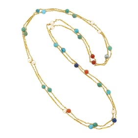 Long Gold, Cultured Pearl and Hardstone Bead Chain Necklace