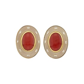Trianon Pair of Gold, Frosted Rock Crystal, Oxblood Coral and Diamond Earclips