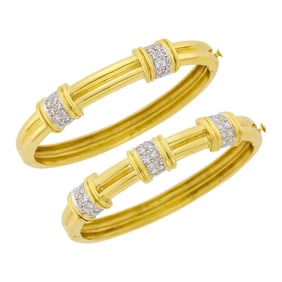 Pair of Two-Color Gold and Diamond Bangle Bracelets