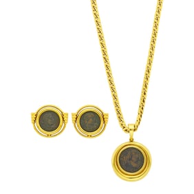 Gold and Bronze Coin Pendant with Chain Necklace and Pair of Earclips