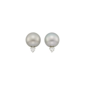 Pair of White Gold, Tahitian Gray Cultured Pearl and Diamond Earclips
