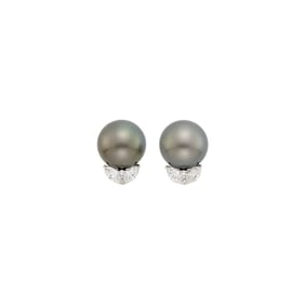 Pair of Platinum, Tahitian Gray Cultured Pearl and Diamond Earrings