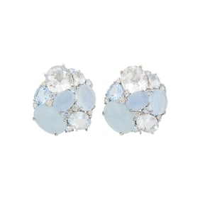 Pair of White Gold, Aquamarine, Topaz and Diamond Cluster Earclips