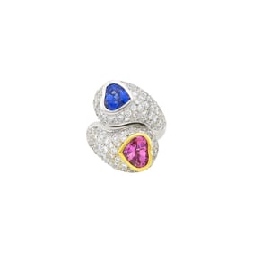 White Gold, Sapphire, Pink Sapphire and Diamond Bombé Crossover Ring