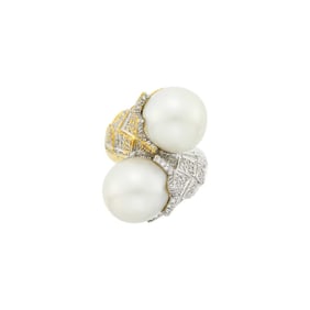 Two-Color Gold, South Sea Cultured Pearl and Diamond Crossover Ring
