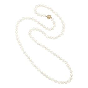 Long Cultured Pearl Necklace with Gold and Diamond Ball Clasp