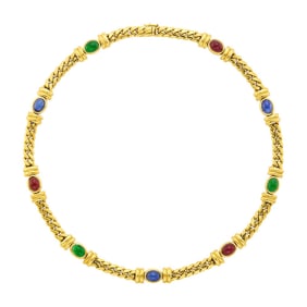 Gold and Cabochon Colored Stone Curb Link Necklace