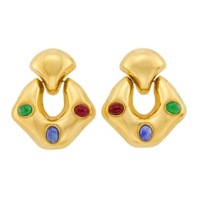 Pair of Gold and Cabochon Gem-Set Door Knocker Pendant-Earrings
