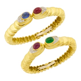 Pair of Gold, Cabochon Gem-Set and Diamond Bangle Bracelets