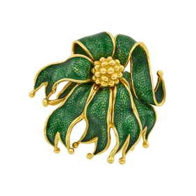 Tiffany & Co. Gold and Green Enamel Bow Brooch