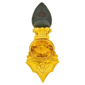 Gold, Carved Green Hardstone, Red Glass and Citrine Clip-Brooch