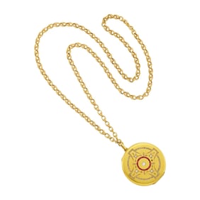 Antique Gold, Ruby and Diamond Pendant Locket with Long Rose Gold Chain Necklace