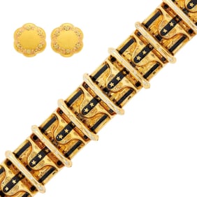 Antique Gold and Black Enamel Bracelet and Pair of Variegated Gold Earclips
