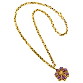 Antique Double-Sided Gold and Amethyst Pendant with Long Gold Circle Link Chain Necklace